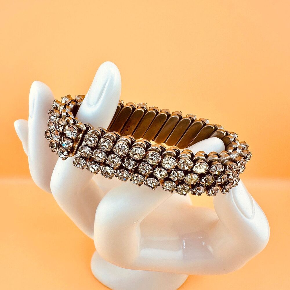 Vintage Rhinestone Bracelet Silver Tone Stretch Accordion Triple Row Clear Stone
